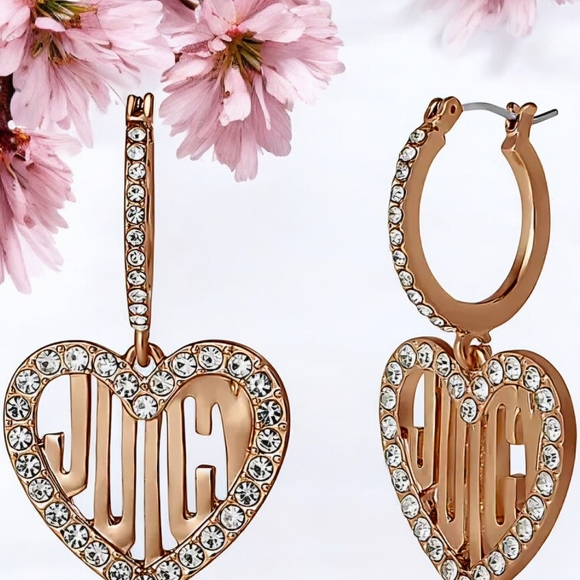 NEW Juicy Couture Rose Gold Crystal Heart Drop Earrings Length 1.80" NWT - Picture 3 of 4